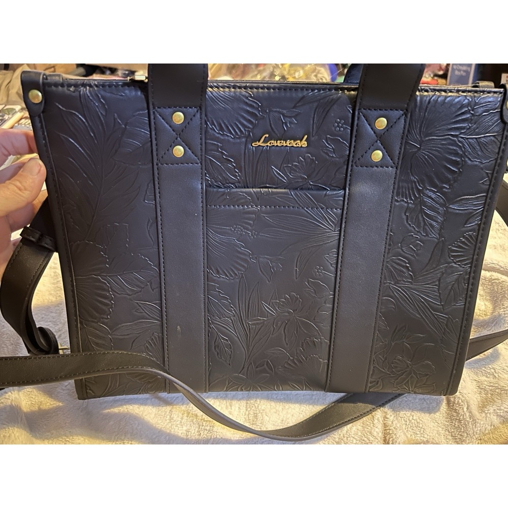Lovecats Black Embossed Floral Tote Bag Crossbody Purse Structured Handbag